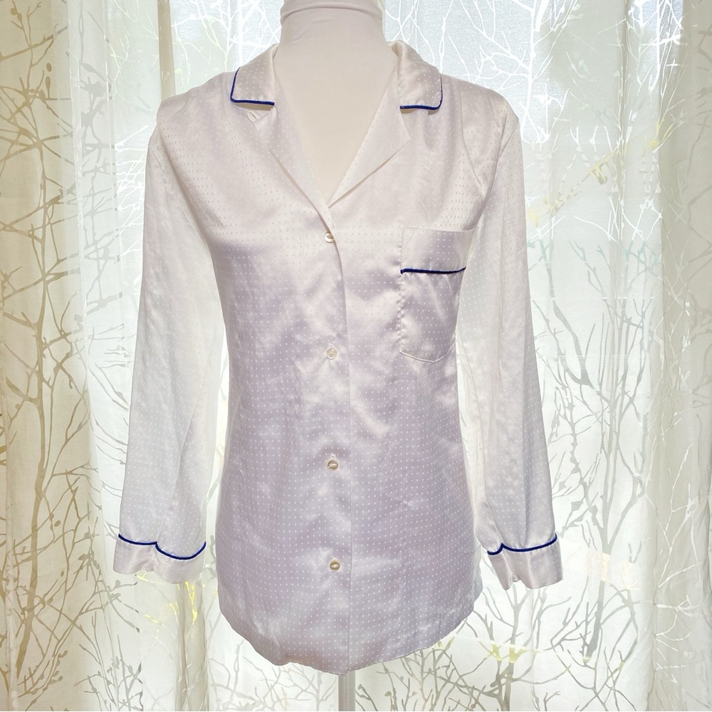 Vintage Christian Dior white satin collared long sleeve button up pajama PJ top - Picture 1 of 13
